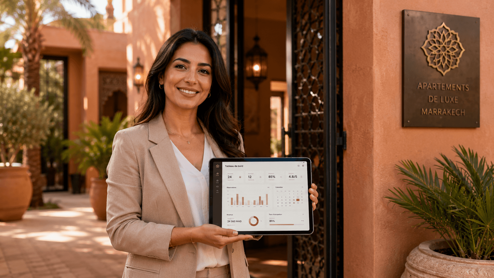 Conseillère conciergerie Airbnb Marrakech avec tableau de bord de gestion locative